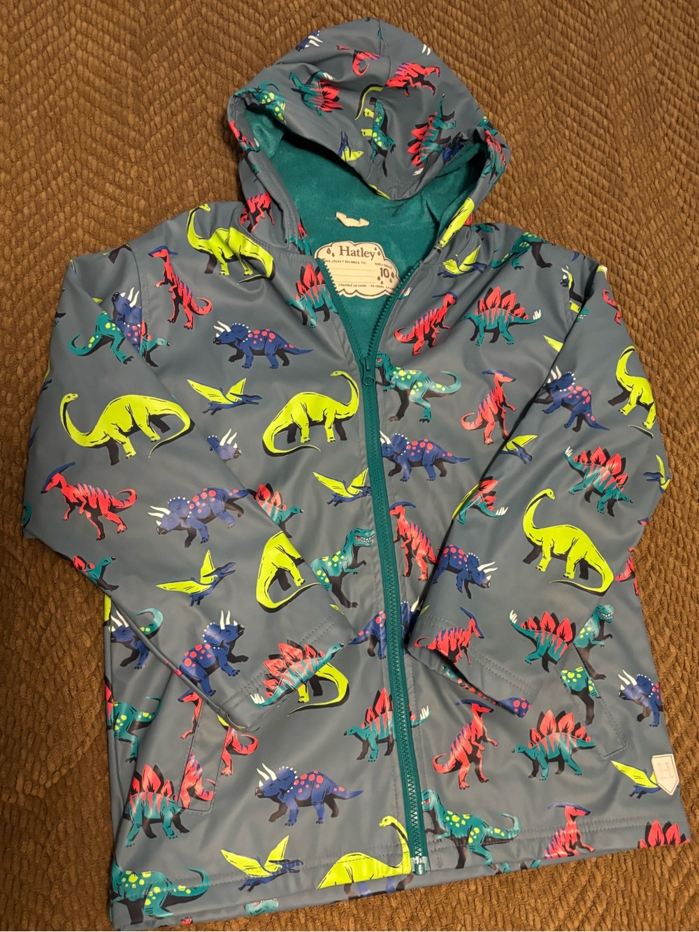 Hatley Grey Kids' Hooded Raincoat with Neon Dinosaur Print